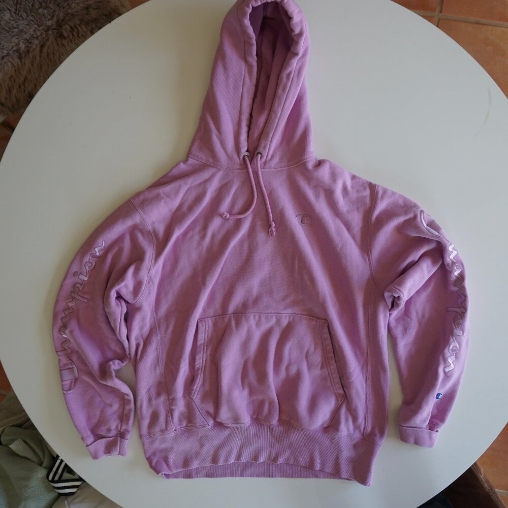 Champion Pink Cursive Reverse Weave Hoodie